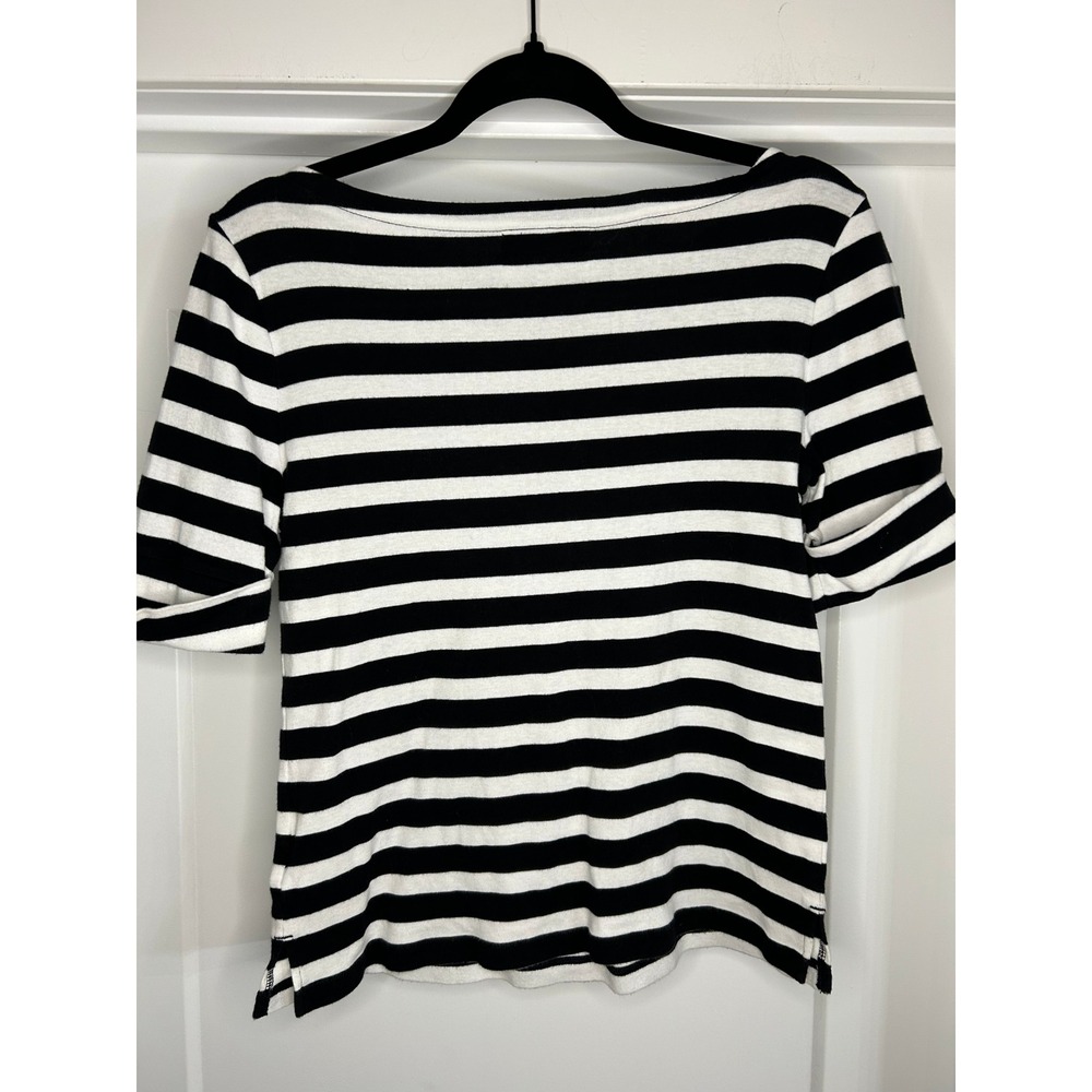 Lauren Ralph Lauren Petite Black White‎ Striped Boat Neck Zip Top PM Cotton - Picture 5 of 8